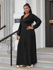 Plus Surplice Neck Lantern Sleeve Belted Dress - Black - View 3