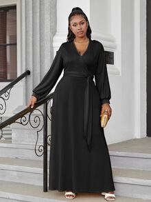 Plus Surplice Neck Lantern Sleeve Belted Dress - Black - View 4