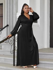Plus Surplice Neck Lantern Sleeve Belted Dress - Black - View 5