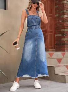 SHEIN Frenchy Váy denim nữ Túi Hem thô Chia màu trơn Giải trí - Rửa trung bình - Xem 1