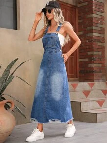SHEIN Frenchy Váy denim nữ Túi Hem thô Chia màu trơn Giải trí - Rửa trung bình - Xem 4