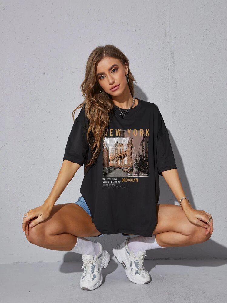 INAWLY Tee-shirt oversize à imprimé graphique de vue de rue et de slogan NEW YORK POUR SUIVRE VOS RÊVES Terre des Libres Suivez votre Cœur BROOKLYN À Cause des Braves - Noir - Voir 3