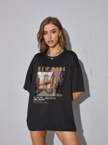 INAWLY Street View And Slogan Graphic Drop Shoulder Oversized Tee NEW YORK TO FOLLOW YOUR DREAMS Land Of Free Follow Your Heart BROOKLYN Because Of The Brave
