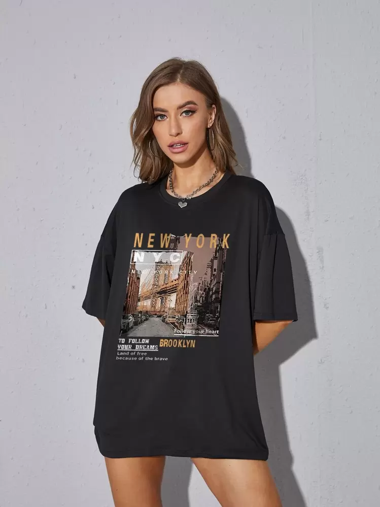 INAWLY Tee-shirt oversize à imprimé graphique de vue de rue et de slogan NEW YORK POUR SUIVRE VOS RÊVES Terre des Libres Suivez votre Cœur BROOKLYN À Cause des Braves - Noir - Voir 5