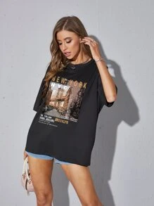 INAWLY Street View And Slogan Graphic Drop Shoulder Oversized Tee NEW YORK TO FOLLOW YOUR DREAMS Land Of Free Follow Your Heart BROOKLYN Because Of The Brave
