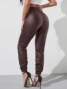 皮革外觀腰部抽繩束腳牛仔褲