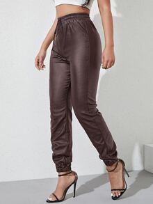 皮革外觀腰部抽繩束腳牛仔褲