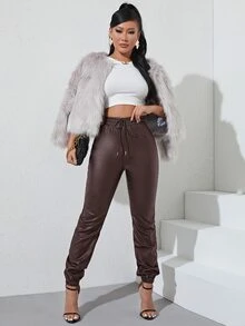 皮革外觀腰部抽繩束腳牛仔褲