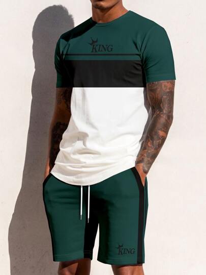 T-shirt casual à manches courtes avec graphique lettre et bloc de couleurs, short à taille à cordon de serrage pour homme, tenue de sortie