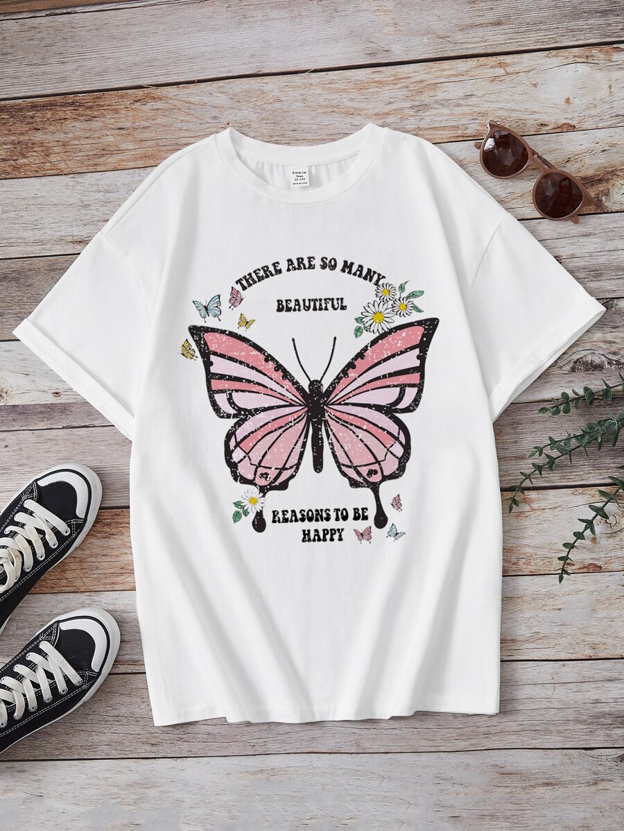 SHEIN Teen Girls Butterfly & Slogan Graphic Tee - White - View 1