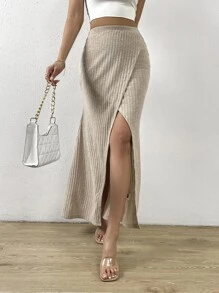 SHEIN Privé Váy nữ Trọn gói Gân đan màu trơn Giải trí - Màu Khaki - Xem 3