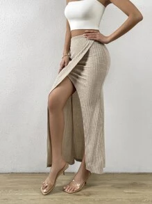 SHEIN Privé Váy nữ Trọn gói Gân đan màu trơn Giải trí - Màu Khaki - Xem 4