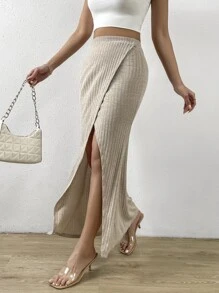 SHEIN Privé Váy nữ Trọn gói Gân đan màu trơn Giải trí - Màu Khaki - Xem 7