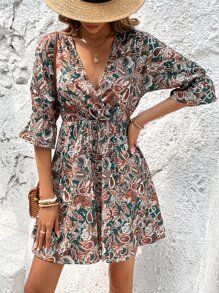 SHEIN VCAY 佩斯利印花荷葉袖交叉領連衣裙 - 彩色 - 查看 1