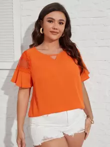 SHEIN Clasi Áo sơ mi Plus Size Tương phản Mesh Cắt ra Thêu màu trơn Giải trí - trái cam - Xem 1
