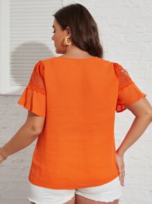 SHEIN Clasi Áo sơ mi Plus Size Tương phản Mesh Cắt ra Thêu màu trơn Giải trí - trái cam - Xem 2