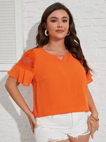 SHEIN Clasi Áo sơ mi Plus Size Tương phản Mesh Cắt ra Thêu màu trơn Giải trí - trái cam - Xem 3