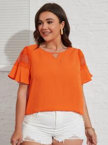 SHEIN Clasi Áo sơ mi Plus Size Tương phản Mesh Cắt ra Thêu màu trơn Giải trí - trái cam - Xem 4