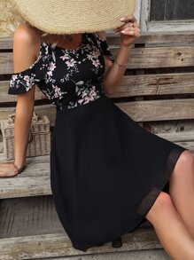 SHEIN LUNE Floral Print Cold Shoulder High Low Hem Dress