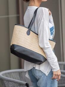 大容量草編包度假雙色