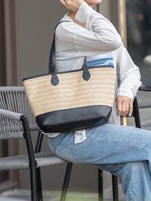 大容量草編包度假雙色