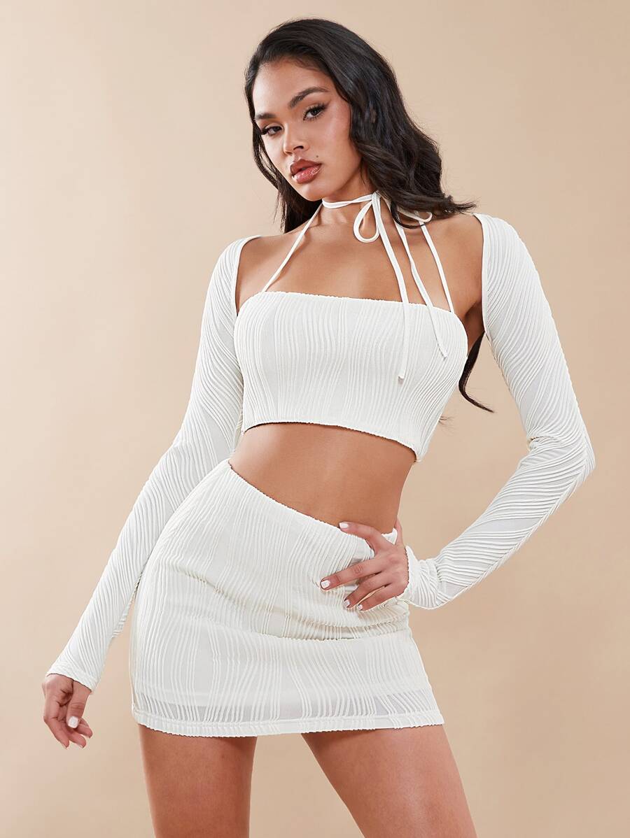 SHEIN BAE Tie Front Cut Out Crop Top & Bodycon Skirt - White - View 1