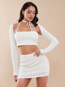 SHEIN BAE Tie Front Cut Out Crop Top & Bodycon Skirt - White - View 6