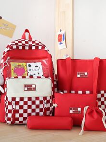 5pcs Bag Sets Shopper Square Bucket Pencil Bag Classic Backpack Preppy Cartoon Bear & Checkered Pattern For School - Red - View 1