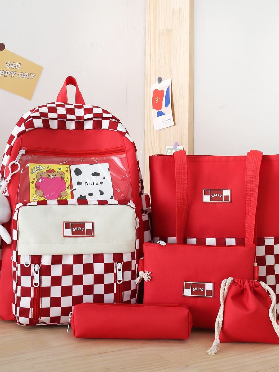 5pcs Bag Sets Shopper Square Bucket Pencil Bag Classic Backpack Preppy Cartoon Bear & Checkered Pattern For School - Red - View 1