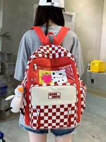 5pcs Bag Sets Shopper Square Bucket Pencil Bag Classic Backpack Preppy Cartoon Bear & Checkered Pattern For School - Red - View 2
