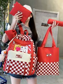 5pcs Bag Sets Shopper Square Bucket Pencil Bag Classic Backpack Preppy Cartoon Bear & Checkered Pattern For School - Red - View 5