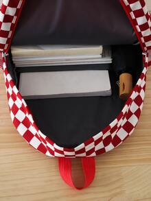 5pcs Bag Sets Shopper Square Bucket Pencil Bag Classic Backpack Preppy Cartoon Bear & Checkered Pattern For School - Red - View 6