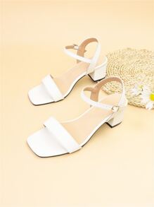 女士寬腳踝帶涼鞋人造皮革粗跟優雅涼鞋 - 白色 - 查看 2
