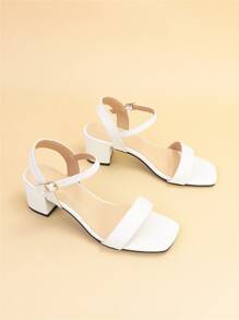 女士寬腳踝帶涼鞋人造皮革粗跟優雅涼鞋 - 白色 - 查看 4