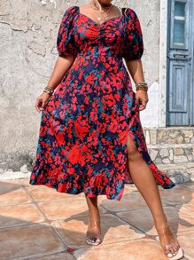 Breezaya 大碼印花胸部褶皺高衩連衣裙 - 彩色 - 查看 4