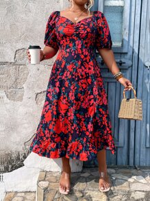 Breezaya 大碼印花胸部褶皺高衩連衣裙 - 彩色 - 查看 6