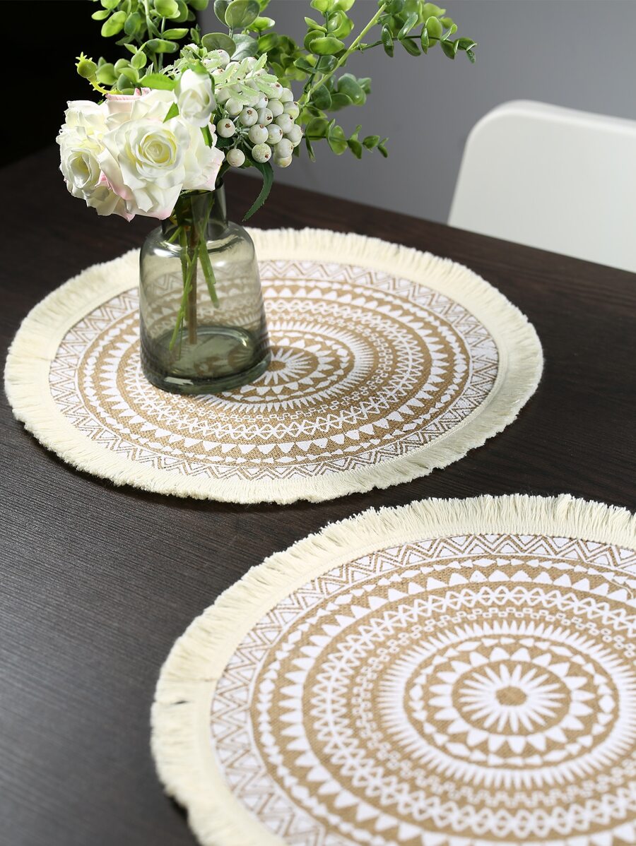 白色印花圆形亚麻餐垫，1/2/4/6/8 件