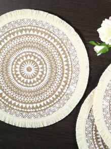 白色印花圆形亚麻餐垫，1/2/4/6/8 件