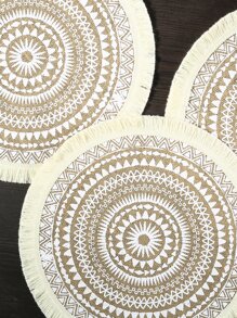 白色印花圆形亚麻餐垫，1/2/4/6/8 件