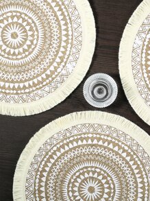 白色印花圆形亚麻餐垫，1/2/4/6/8 件