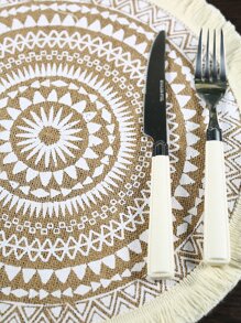 白色印花圆形亚麻餐垫，1/2/4/6/8 件