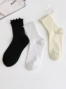 3雙裝女式生菜飾邊吸汗休閒中筒襪適合日常生活 - 彩色 - 查看 1