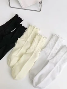 3雙裝女式生菜飾邊吸汗休閒中筒襪適合日常生活 - 彩色 - 查看 3