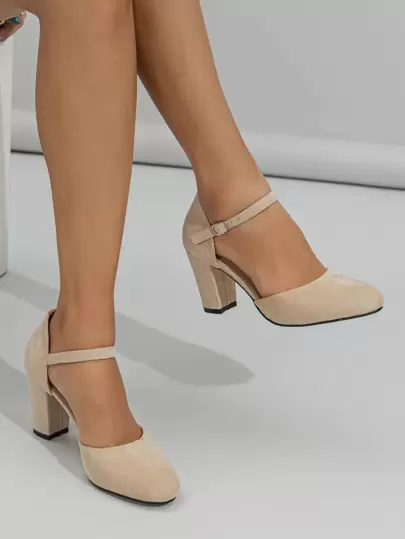 女士极简主义踝带高跟鞋，仿麂皮粗跟优雅高跟鞋，优雅