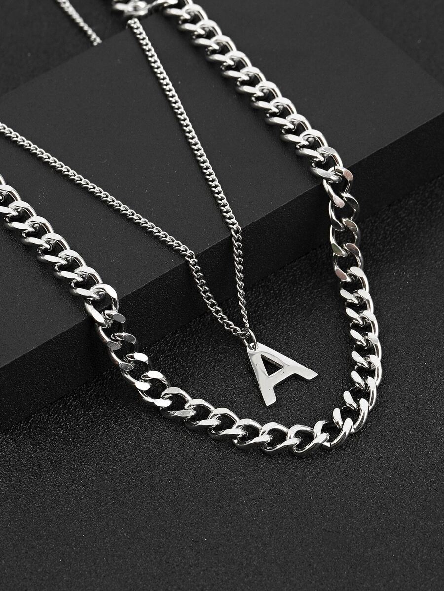2pcs Men Letter Charm Necklace - Silver - View 1