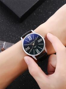 1入組男士圓形指針石英手錶和1入組串珠手鏈 - 黑色 - 查看 2