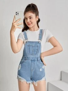SHEIN Teen Girls Ripped Raw Hem Denim Overall Romper Without Tee - Light Wash - View 1