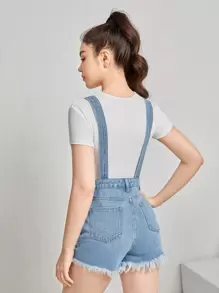 SHEIN Teen Girls Ripped Raw Hem Denim Overall Romper Without Tee - Light Wash - View 2