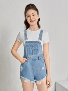 SHEIN Teen Girls Ripped Raw Hem Denim Overall Romper Without Tee - Light Wash - View 3
