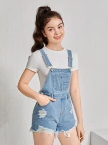 SHEIN Teen Girls Ripped Raw Hem Denim Overall Romper Without Tee - Light Wash - View 5